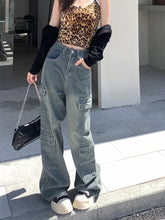 Washed Cargo Street Retro Wide Leg Pants High Waist Denim Long Jeans