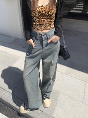 Washed Cargo Street Retro Wide Leg Pants High Waist Denim Long Jeans