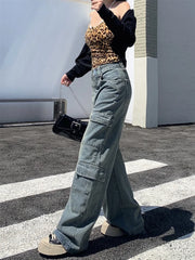 Washed Cargo Street Retro Wide Leg Pants High Waist Denim Long Jeans