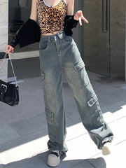 Washed Cargo Street Retro Wide Leg Pants High Waist Denim Long Jeans