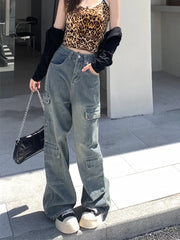 Washed Cargo Street Retro Wide Leg Pants High Waist Denim Long Jeans