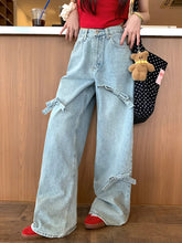Vintage Y2k Bow Washed Baggy Streetwear Fashion Wide Leg Denim Jeans