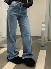 Streetwear Vintage Fashion Rhinestone Y2K Casual High Waist Female Straight Leg Denim Jeans