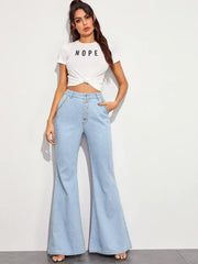 WomenHigh Waist Button Fly Flare Casual Wide Leg Denim With Pockets Jeans