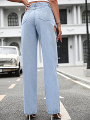 WomenWashed Hole Streetwear Loose High Waist Casual Straight Leg Denim Fashion Jeans