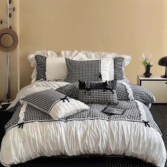 Pink Gingham with Bow Ruched Bedding Set