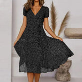 Bohemian Summer Short Sleeve V Neck Tie Waist A-Line Vacation For Fashion Holiday Sun Midi Dress