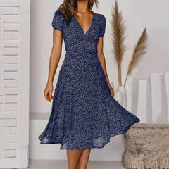 Bohemian Summer Short Sleeve V Neck Tie Waist A-Line Vacation For Fashion Holiday Sun Midi Dress