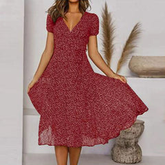 Bohemian Summer Short Sleeve V Neck Tie Waist A-Line Vacation For Fashion Holiday Sun Midi Dress