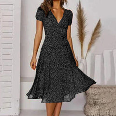 Bohemian Summer Short Sleeve V Neck Tie Waist A-Line Vacation For Fashion Holiday Sun Midi Dress