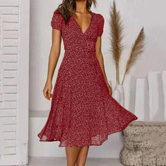 Bohemian Summer Short Sleeve V Neck Tie Waist A-Line Vacation For Fashion Holiday Sun Midi Dress