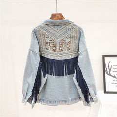 Floral Embroidery Suede Fringe Demin Jacket