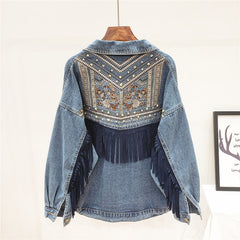 Floral Embroidery Suede Fringe Demin Jacket