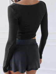 Low Cut V-neck Ribbed Exposed Navel Spring Autumn Streetwear for Long Sleeve Solid Slim Fit Tees