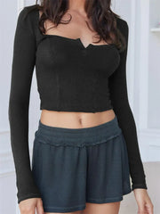 Low Cut V-neck Ribbed Exposed Navel Spring Autumn Streetwear for Long Sleeve Solid Slim Fit Tees