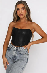 PU Leather Tube Bustiers Corsets Strapless Off Shoulder Tank Vest Bodycon Slim Push Up Outwear Crop Tops