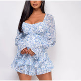 Square Collar Lace Up Floral Mini Dress