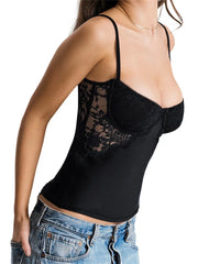 Sleeveless Strap V-neck Low Cut Camis for Black Slim Fit Lace Patchwork See Through Tank Mini Vest Crop Tops