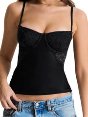 Sleeveless Strap V-neck Low Cut Camis for Black Slim Fit Lace Patchwork See Through Tank Mini Vest Crop Tops