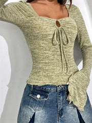 Vintage Fall Spring Square Neck Long Flared Sleeve Front Tie Up Solid Streetwear Tee