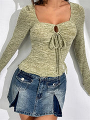 Vintage Fall Spring Square Neck Long Flared Sleeve Front Tie Up Solid Streetwear Tee