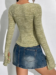 Vintage Fall Spring Square Neck Long Flared Sleeve Front Tie Up Solid Streetwear Tee