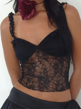 Vintage Summer Fashion Sleeveless Strap Lace Floral Cropped Mini V-neck Ruffles Elegant Charming Classic Cami Top