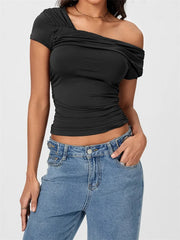 Asymmetrical Neck Solid Color Off Shoulder Short Sleeve Ruched Casual Streetwear Tee