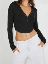 Basic Solid Color Deep V Neck Long Sleeve Buttons Up Casual Pullovers Club Streetwear Tee