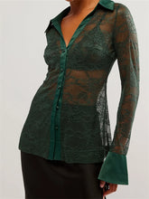 WomenButton Down Mesh See Through Patchwork Turn-Down Collar Long Sleeve Casual Blouse