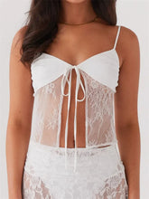 Lace Crop Summer Sleeveless Spaghetti Strap Front Split Tie-up V-neck See Through Mini Lovely Chic Cami Top