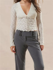Lace Slim Fit Long Sleeve Deep V-neck Front Mini Bowknot Patchwork Clubwear Solid Tops Tee
