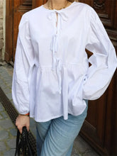 WomenFront Lace-up Sleeve Round Neck Loose Fit Casual Solid Blouse