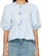 WomenStriped Print Puff Sleeve Front Tie-up Loose Casual Crop Tops Streetwear Blouse