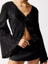 WomenButtons Up Ruched Tops Long Flare Sleeve V Neck Solid Color Slim Fit Streetwear Blouse