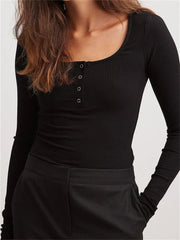 Spring Autumn Slim Ribbed Solid Color Long Sleeve Square Neck Buttons Up Streetwear New Tee