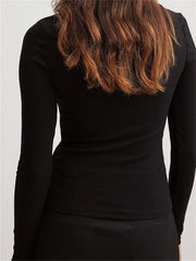 Spring Autumn Slim Ribbed Solid Color Long Sleeve Square Neck Buttons Up Streetwear New Tee