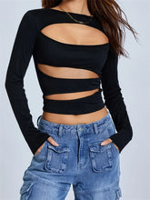 Spring Fall Front Hollow Out Long Sleeve Solid Slim Fit Pullovers Female Clubwear Basic Tee