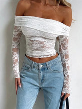 Spring Summer Lace Floral Cropped Sexy Long Sleeve Slash Neck Off Shoulder Slim Fit Clubwear Tee