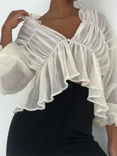 WomenMesh Sheer See Through Crop Tops Sleeve Deep V Neck Solid Ruched Ruffles Blouse