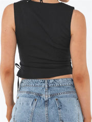 Slim Tank Solid Color Front Buttons Up Mini Vest Side Criss-Cross Tie-Up Waistcoat Streetwear Crop Tops