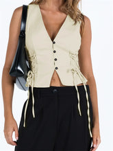 Slim Tank Solid Color Front Buttons Up Mini Vest Side Criss-Cross Tie-Up Waistcoat Streetwear Crop Tops
