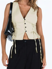 Slim Tank Solid Color Front Buttons Up Mini Vest Side Criss-Cross Tie-Up Waistcoat Streetwear Crop Tops