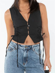 Slim Tank Solid Color Front Buttons Up Mini Vest Side Criss-Cross Tie-Up Waistcoat Streetwear Crop Tops