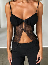 Tank Top Spaghetti Strap Camisoles Sleeveless V-Neck Lace Patchwork Front Split Vest Summer Y2K Streetwear Crop Tops