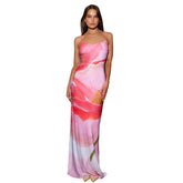 Spaghetti Backless Slim Fashion Strapless Contrast Patchwork Beach Printed Maxi Dress Dresses