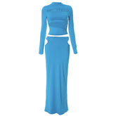 Autumn Winter Party Night Club Streetwear Cut Out Crop Top Long Skirt Sets Maxi Dress