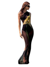 One Shoulder Printed See Through Mesh Summer High Slit Slim Beach Holiday Maxi Dress