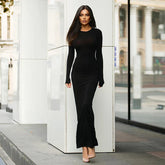 Square Knitted Cotton Long Mermaid Full Sleeve Stretch Basic Bodycon Fishtail Robe Maxi Dress