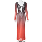 New Fashion Gradient Mesh Deep Collar Hollow Long Sleeve Transparent Split Charming Maxi Dresses